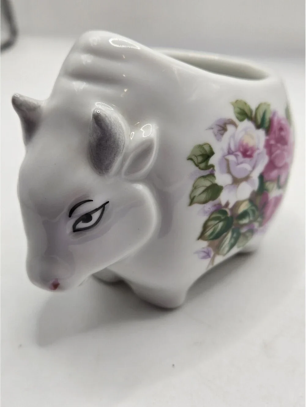 Vintage Japan Porcelain Cow Creamer Hand Painted Pink Roses Toothpick Holder